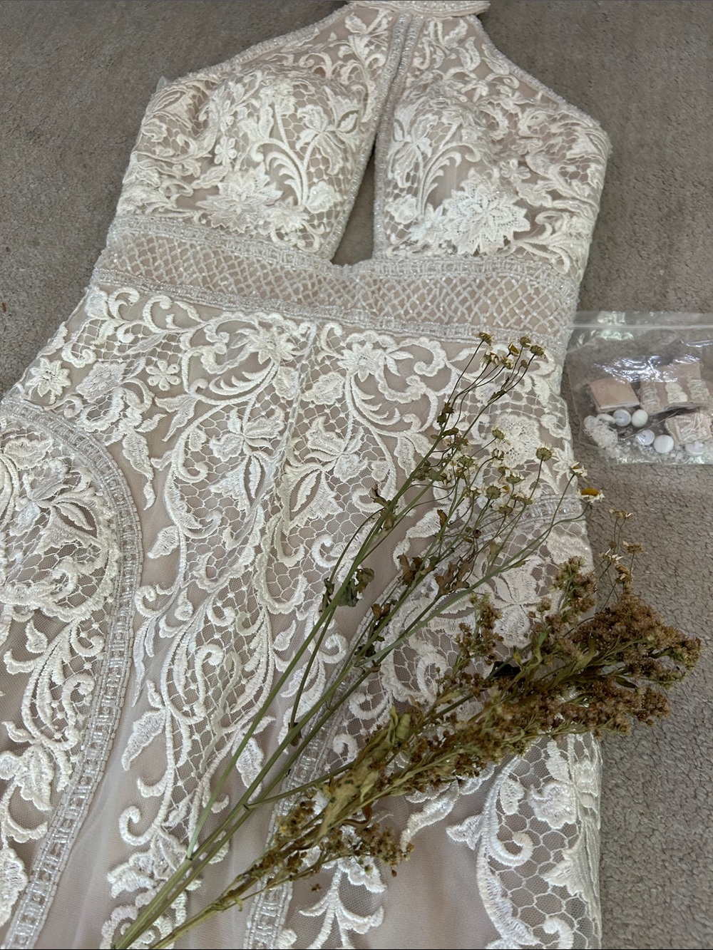 Halter Lace Wedding Gown in Nude with Ivory Overlay - Picture 9 of 11